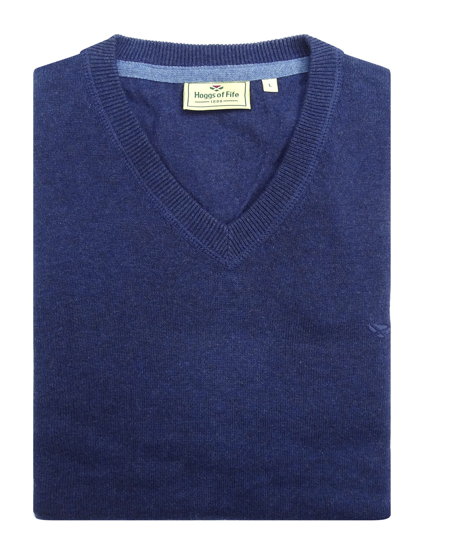 Navy Denim Stirling V Neck Cotton Sweater by Hoggs of Fife 