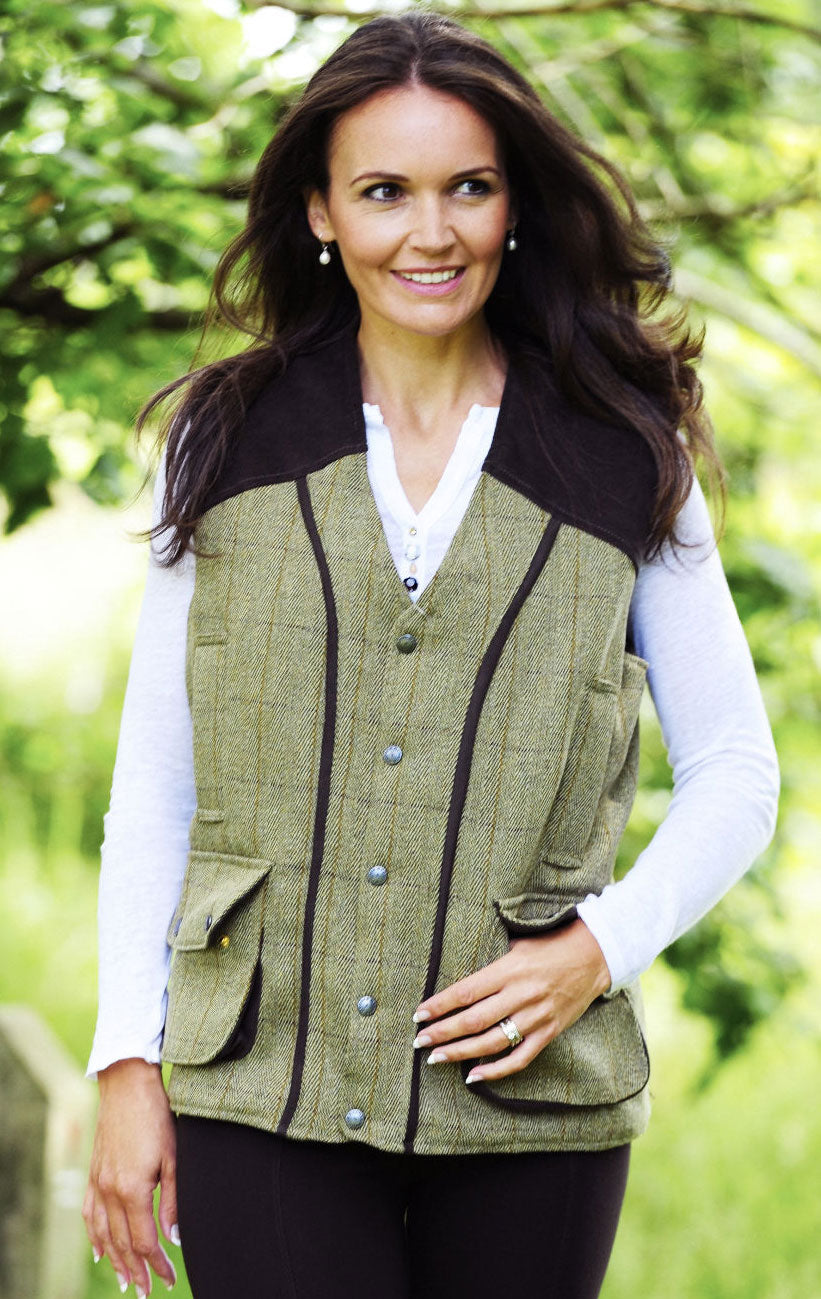 Light Tweed With Check Bronte Derby Tweed Field Waistcoat on tree background 