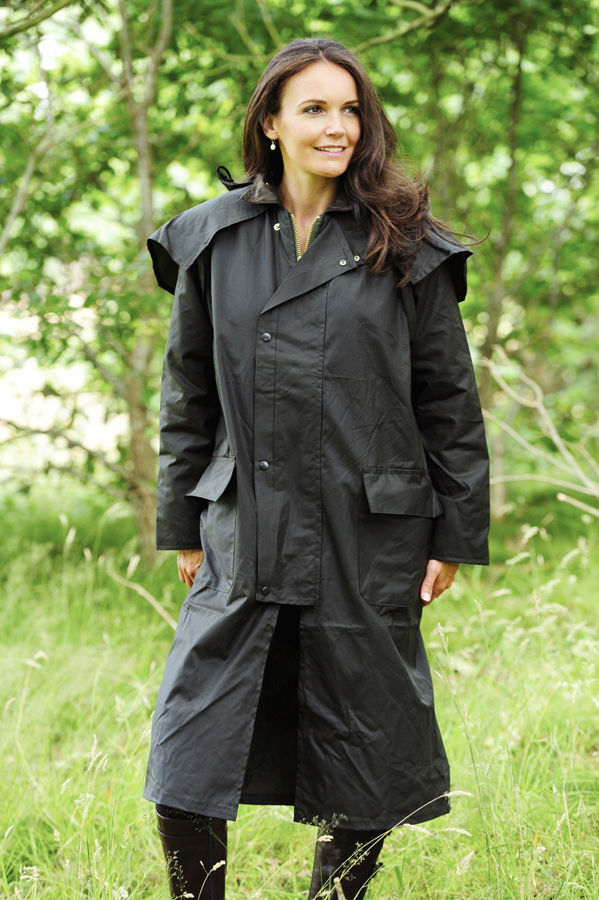 woman wearing Long Waxed Cotton Coat by Bronte Outdoor. 