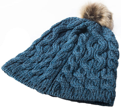 Teal Aran Knitted Faux Fur Bobble Hat 