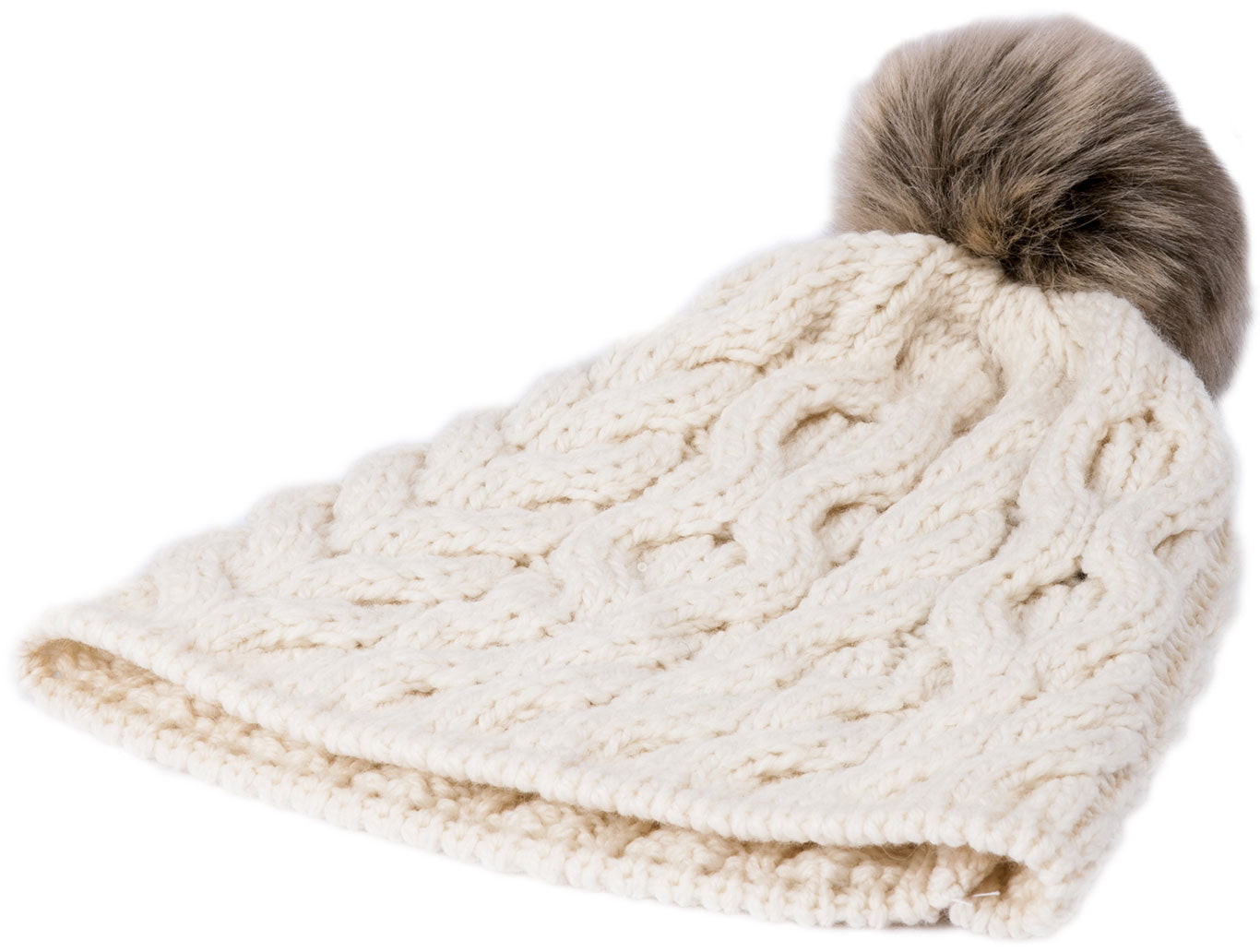 Cream Aran Knitted Faux Fur Bobble Hat 