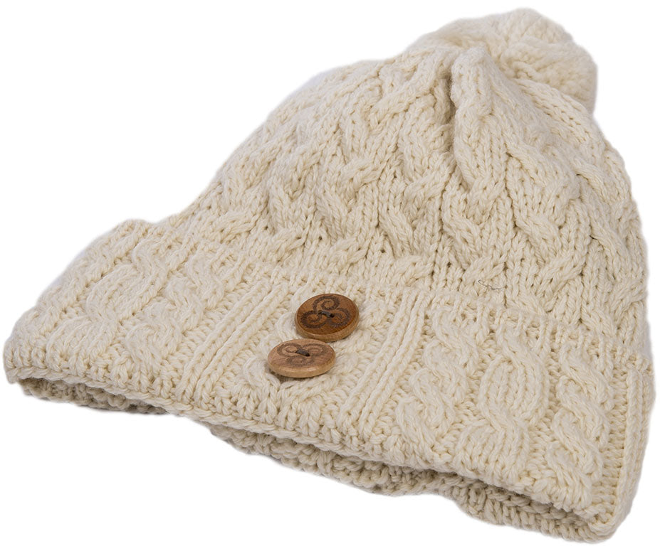 Cream Aran Chunky Knit Button Bobble Hat 