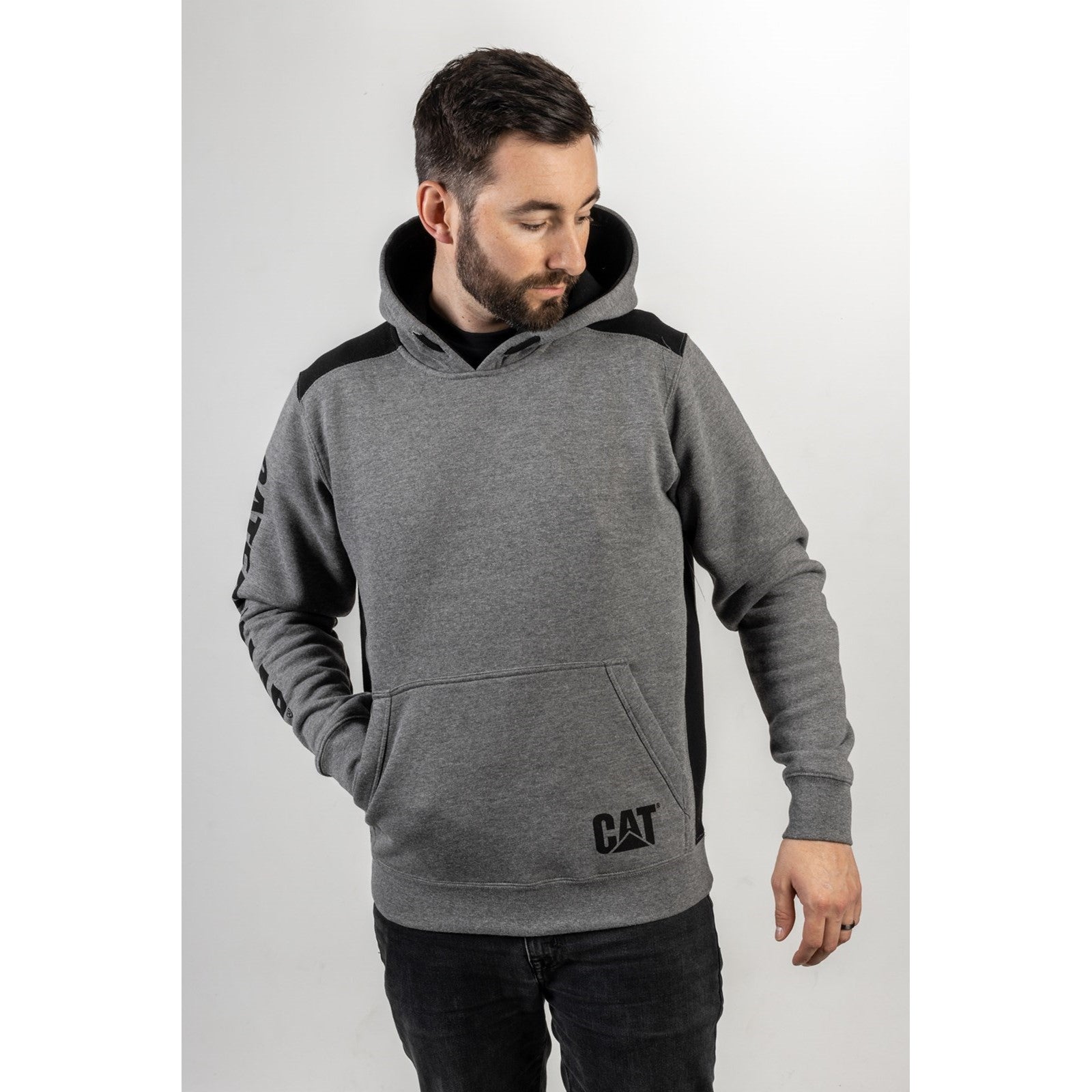 Caterpillar Logo Panel Hooded Sweatshirt in Dark Heather Grey 