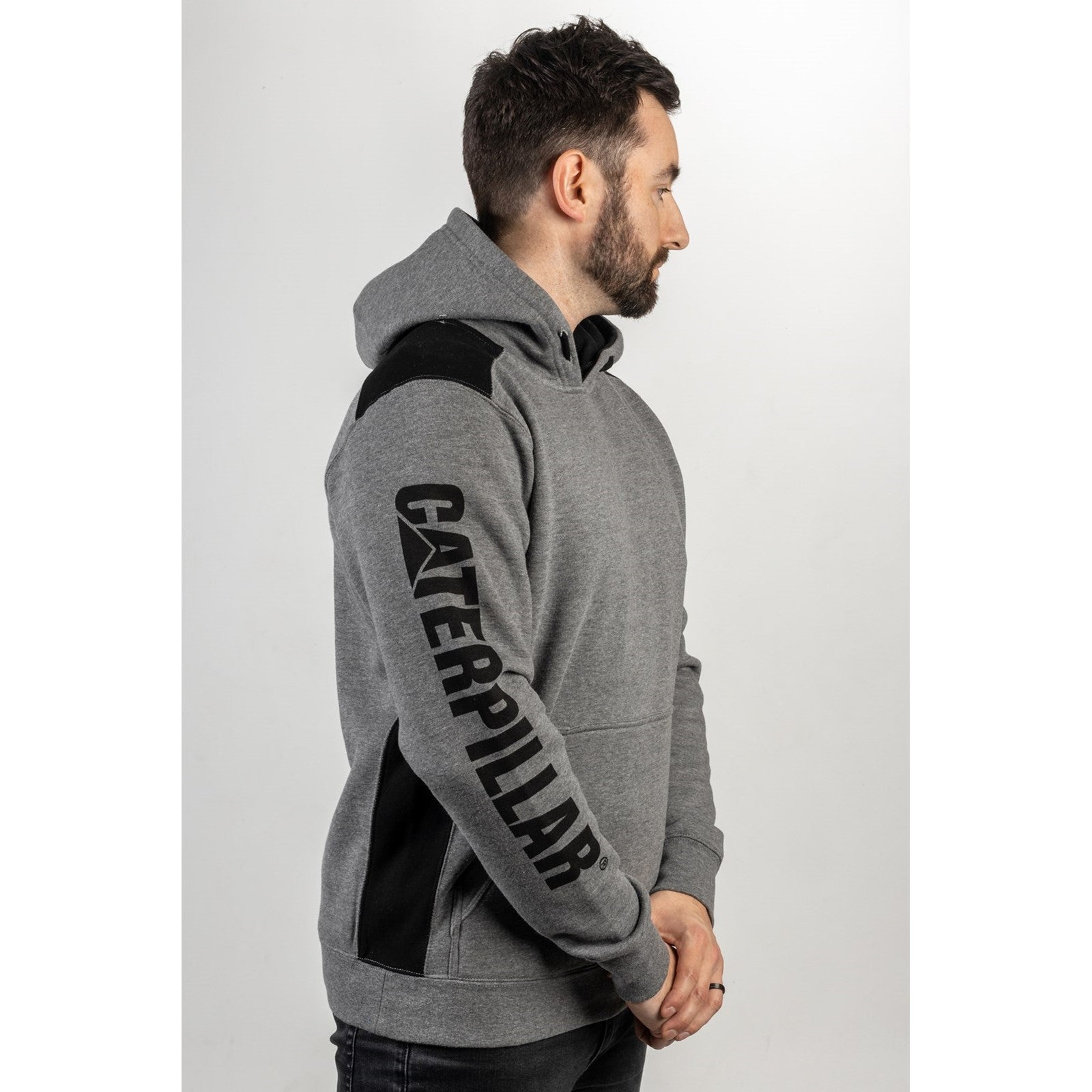 Caterpillar Logo Panel Hooded Sweatshirt in Dark Heather Grey 