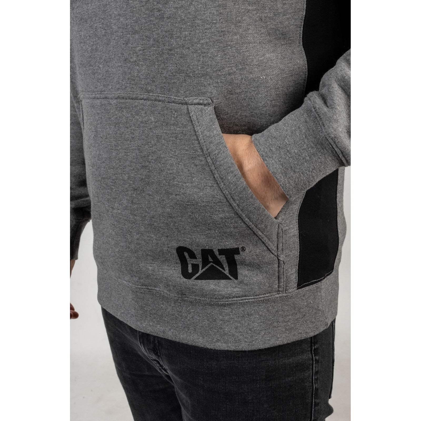 Caterpillar Logo Panel Hooded Sweatshirt in Dark Heather Grey 