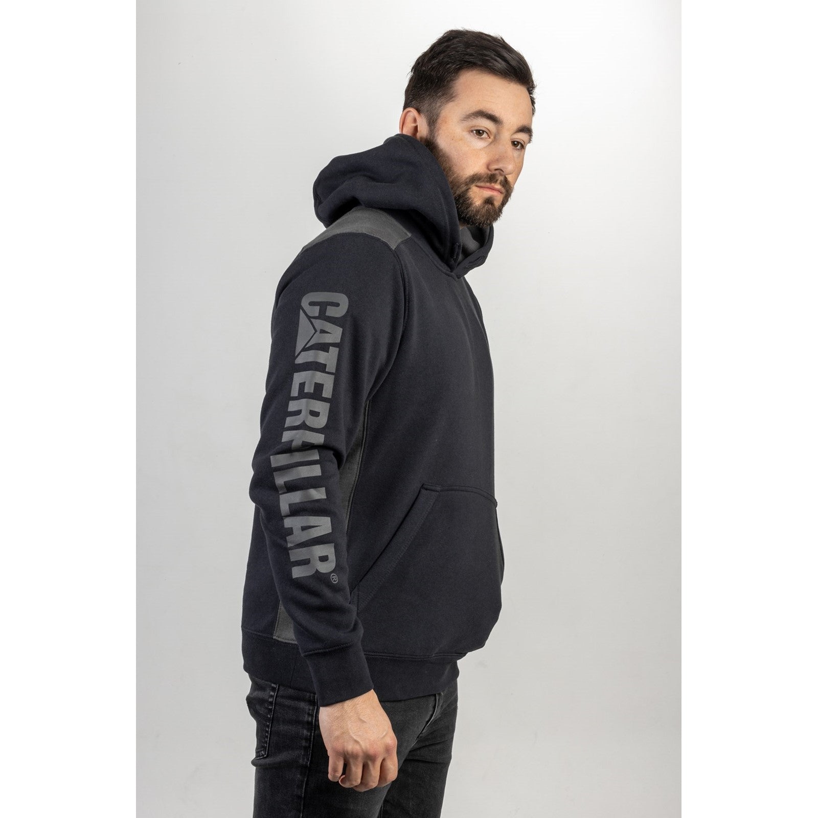 Caterpillar Logo Panel Hooded Sweatshirt in Navy 