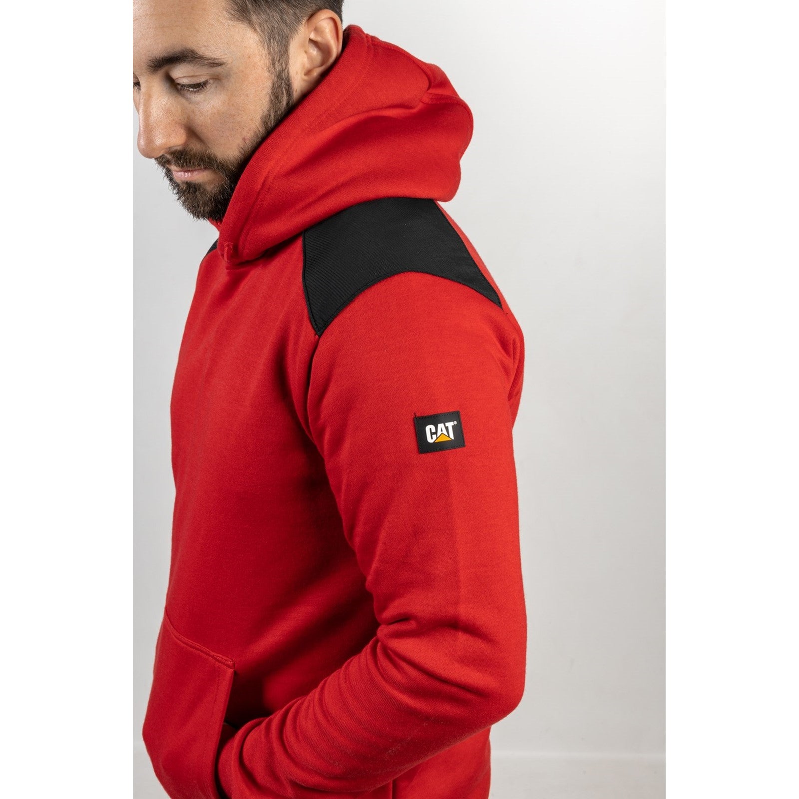 Caterpillar Essentials Hooded Sweatshirt. Hot Red. Side View 