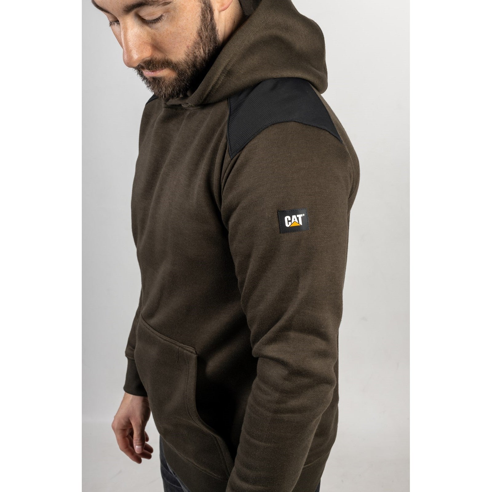 Caterpillar Essentials Hooded Sweatshirt. Army Moss. Side View 