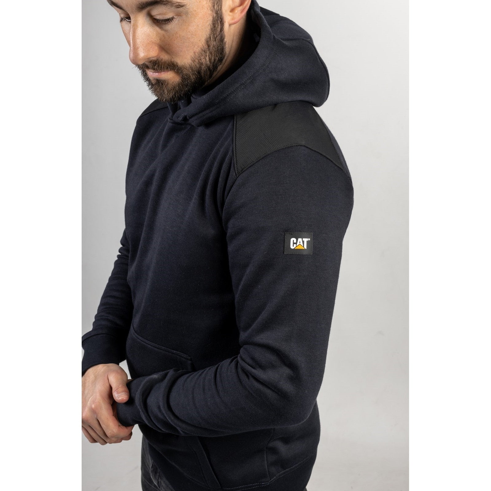 Caterpillar Essentials Hooded Sweatshirt. Navy. Side View 