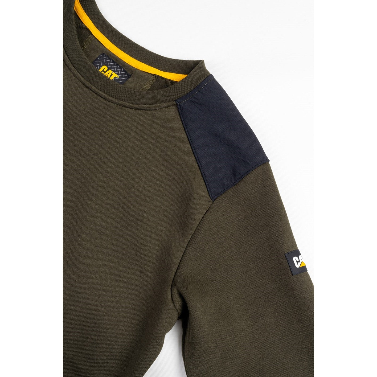 Caterpillar Essentials Crewneck Sweatshirt in Army Moss. Shoulder 