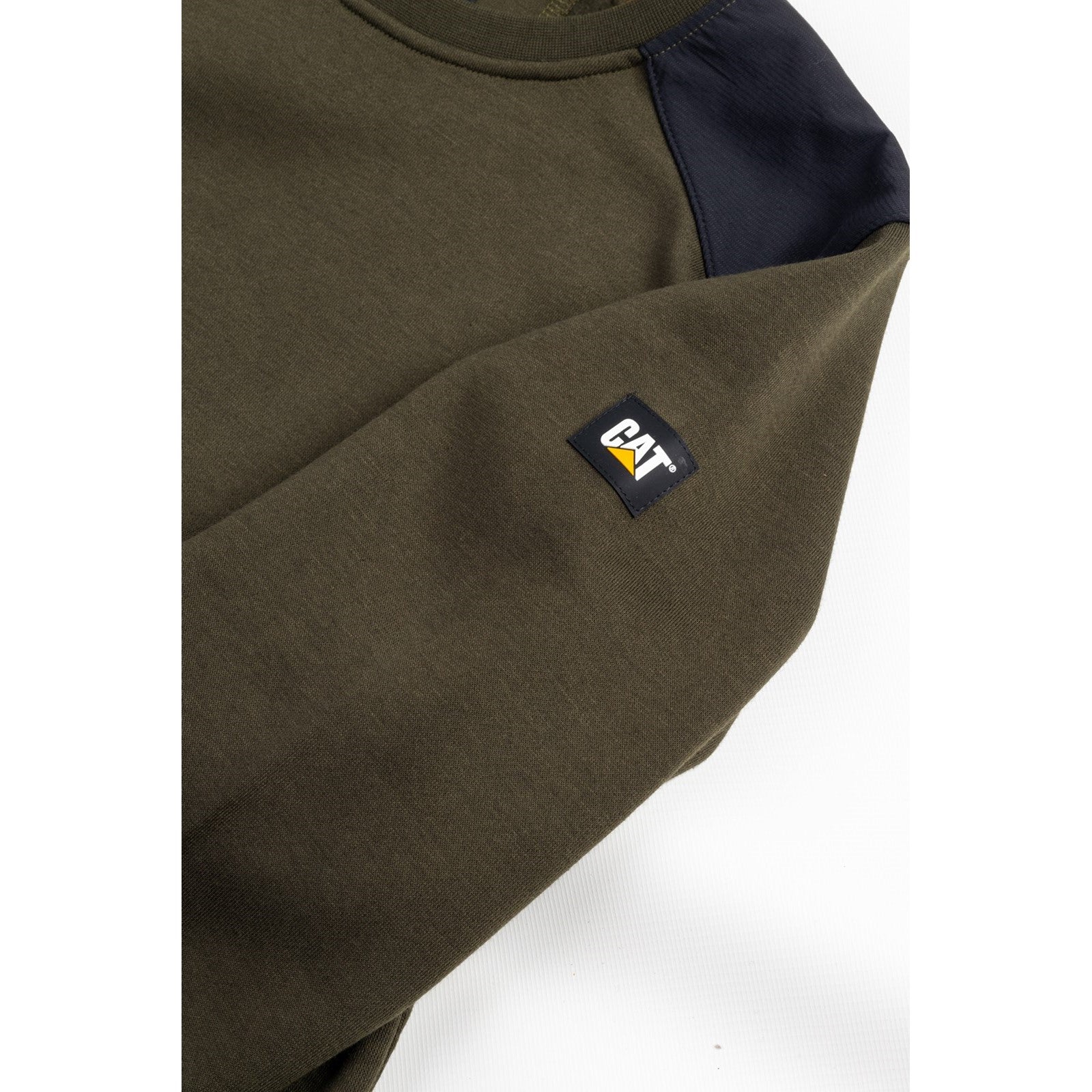 Caterpillar Essentials Crewneck Sweatshirt in Army Moss. Sleeve 