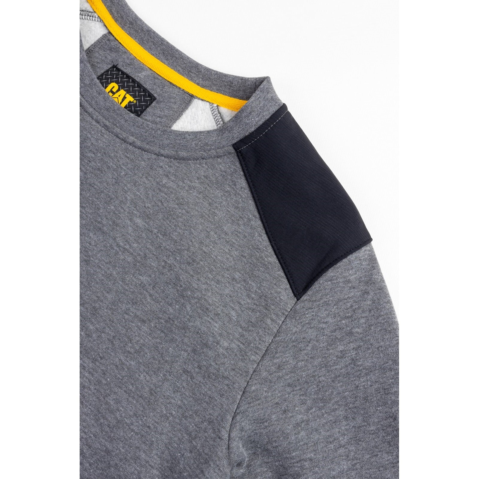 Caterpillar Essentials Crewneck Sweatshirt. in Dark Heather Grey. Collar and Shoulder  