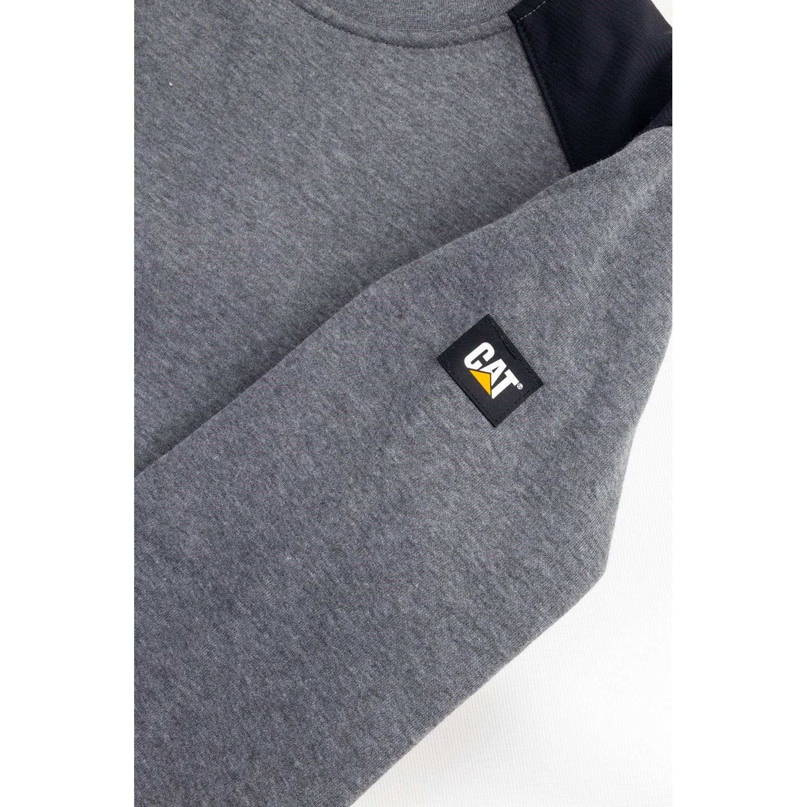 Caterpillar Essentials Crewneck Sweatshirt in Dark Heather Grey. Sleeve  