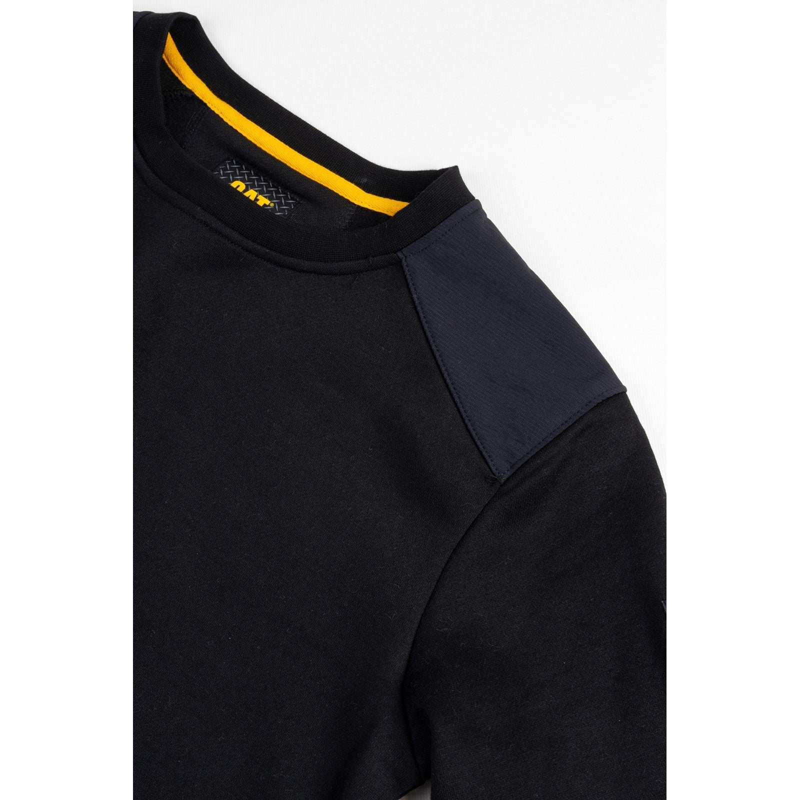 Caterpillar Essentials Crewneck Sweatshirt in Black. Collar and Shoulder 