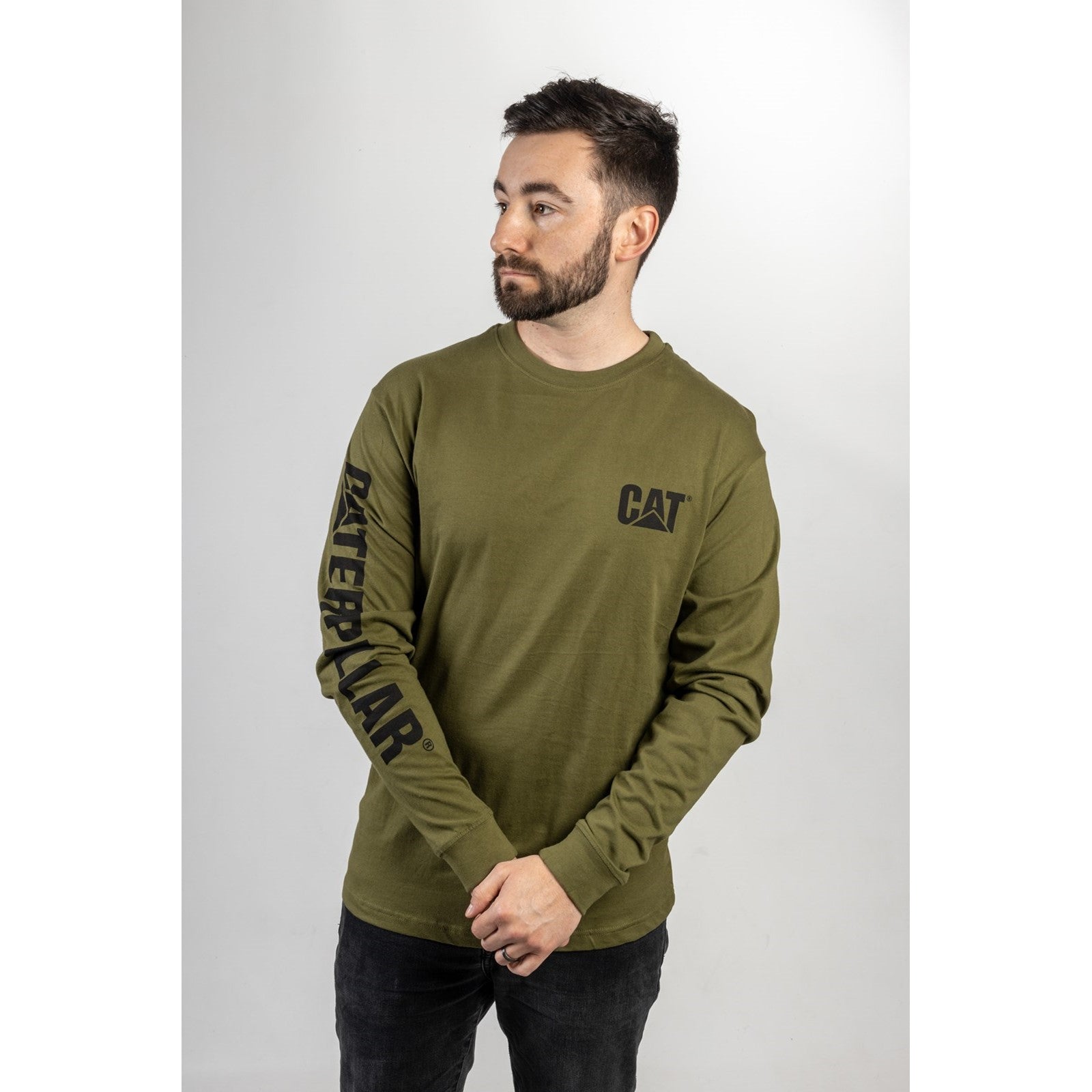 Caterpillar Trademark Banner Long Sleeve T Shirt in Chive 