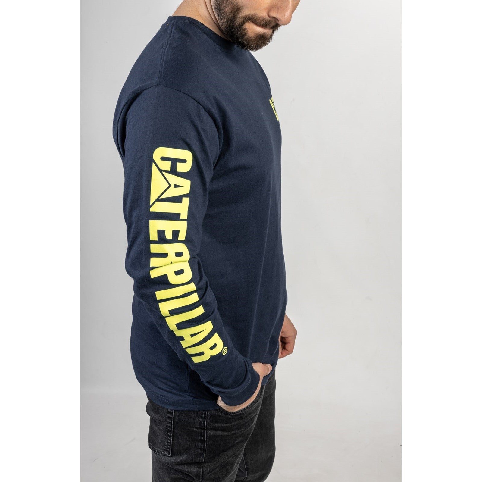 Caterpillar Trademark Banner Long Sleeve T Shirt in Blue/Yellow 