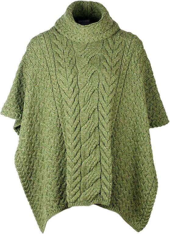 Green Aran Merino Wool Cowl Neck Poncho 