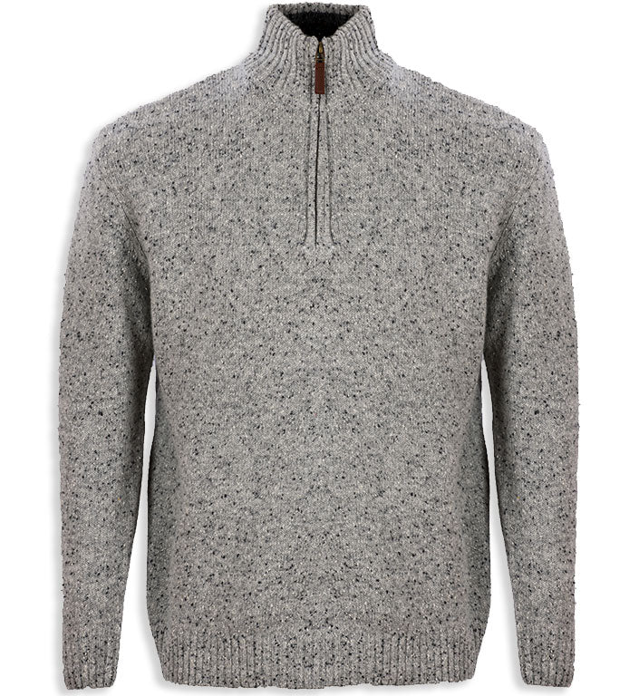 grey Aran Wool Zip Neck Sweater 