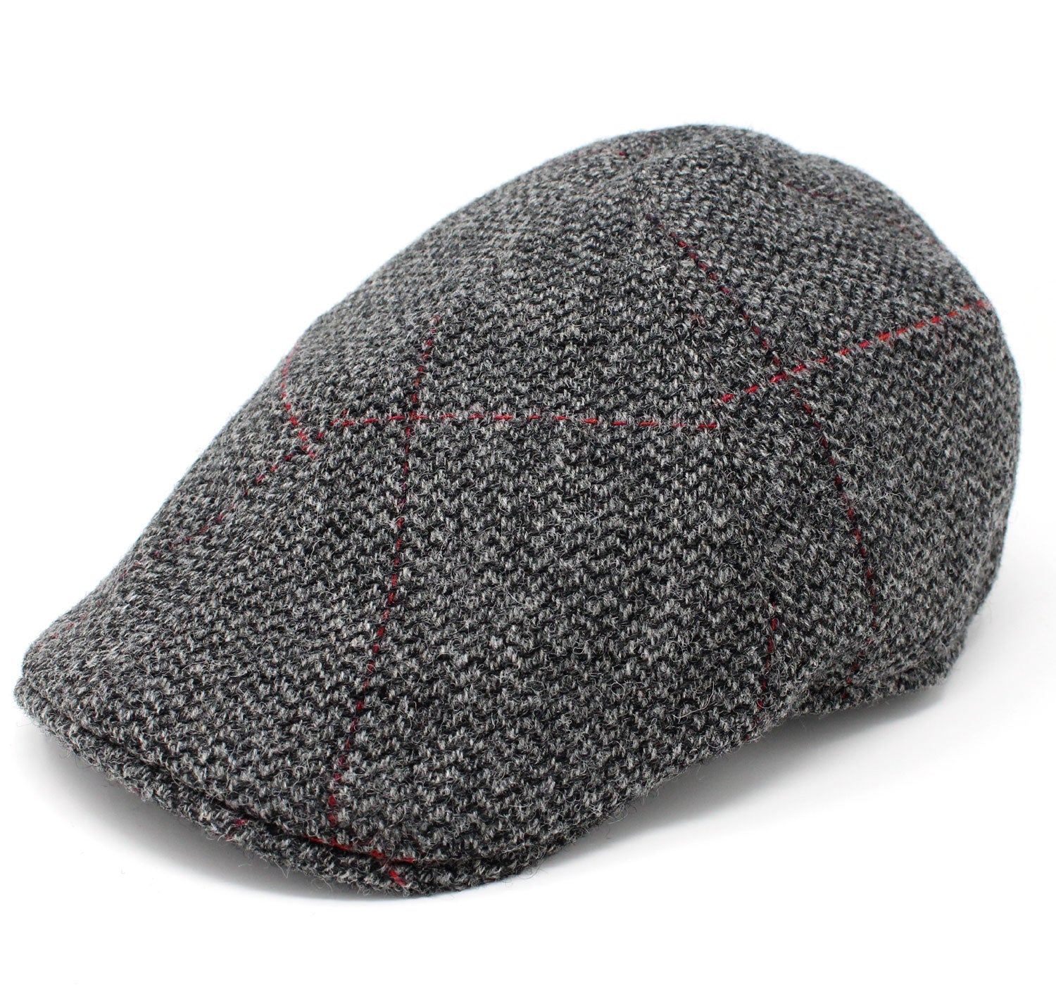 Hanna Duckbill Tweed Flat Cap | Black and Grey Herringbone with Red Overcheck - Hollands Country Clothing