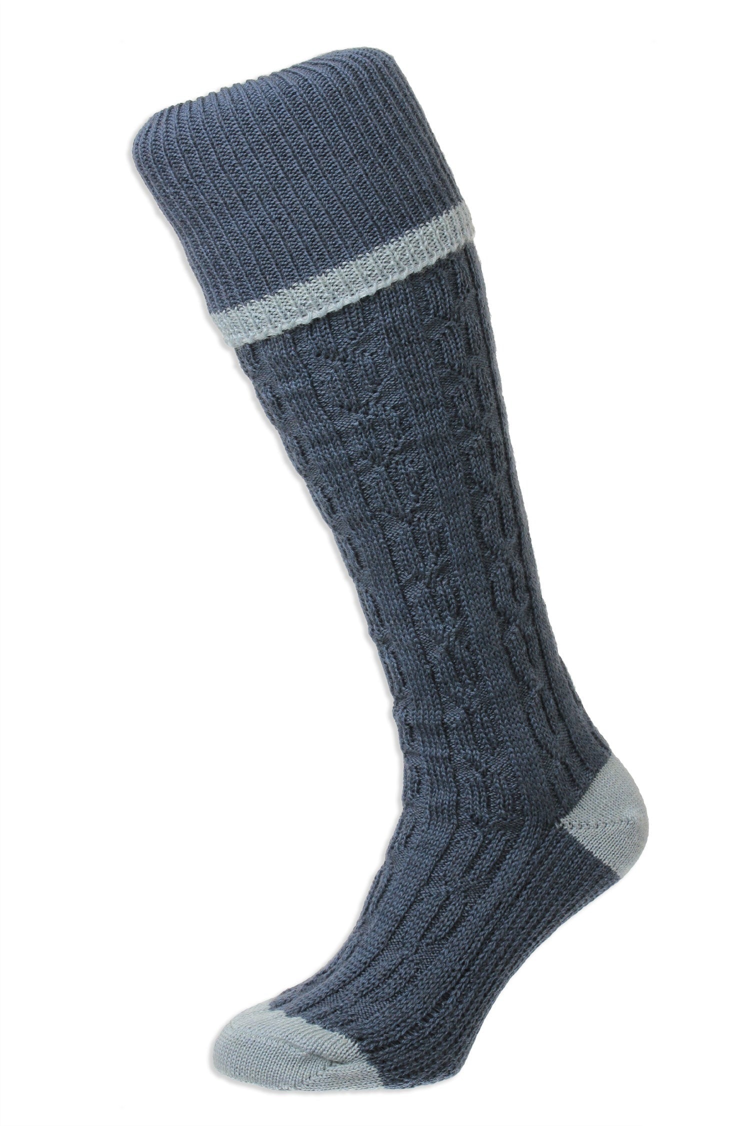Denim Premium quality cable knee socks with turn over tops featuring at contrast colour at the toe, heel and top. 