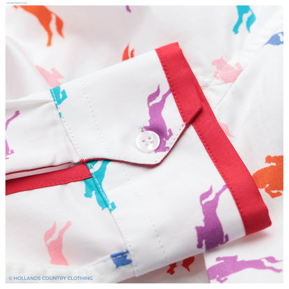 colourful equestrian treat! Horses and riders in  turquoise, blue, red, orange, purple and pink combine in this striking and sophisticated design