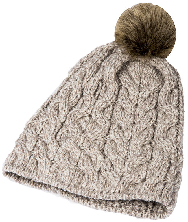 Beige Aran Knitted Faux Fur Bobble Hat 