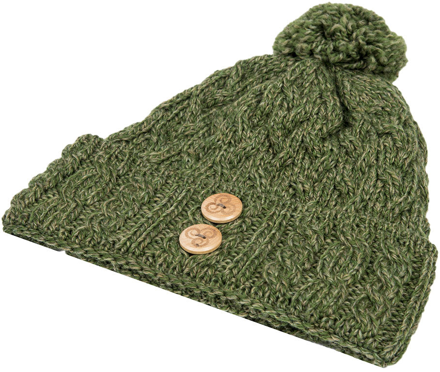 Sage Green Aran Chunky Knit Button Bobble Hat 