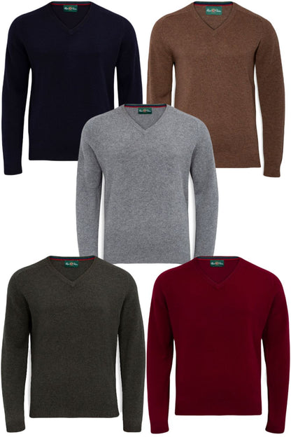 Alan Paine Streetly Lambswool V Neck Jumper in Navy, Tobacco, Grey Mix, Seaweed, Bordeaux 