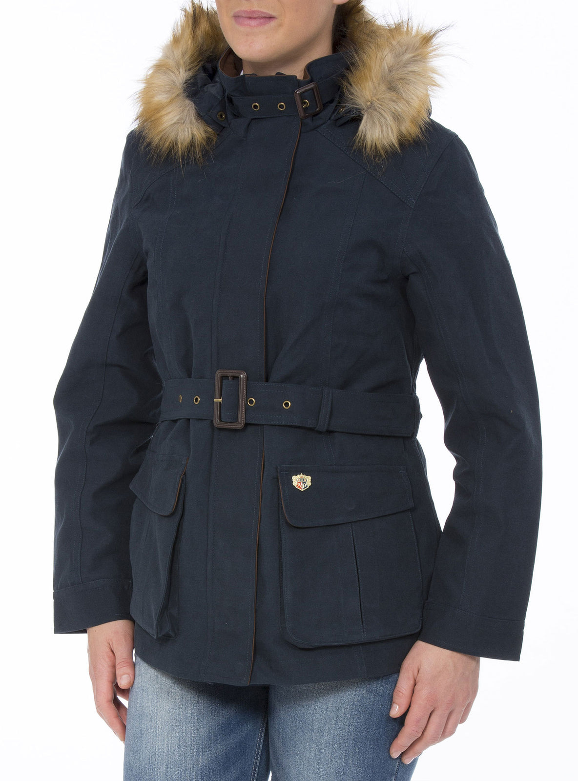 navy coat with neck done up Alan Paine Berwick Jacket with Faux Fur Trim 