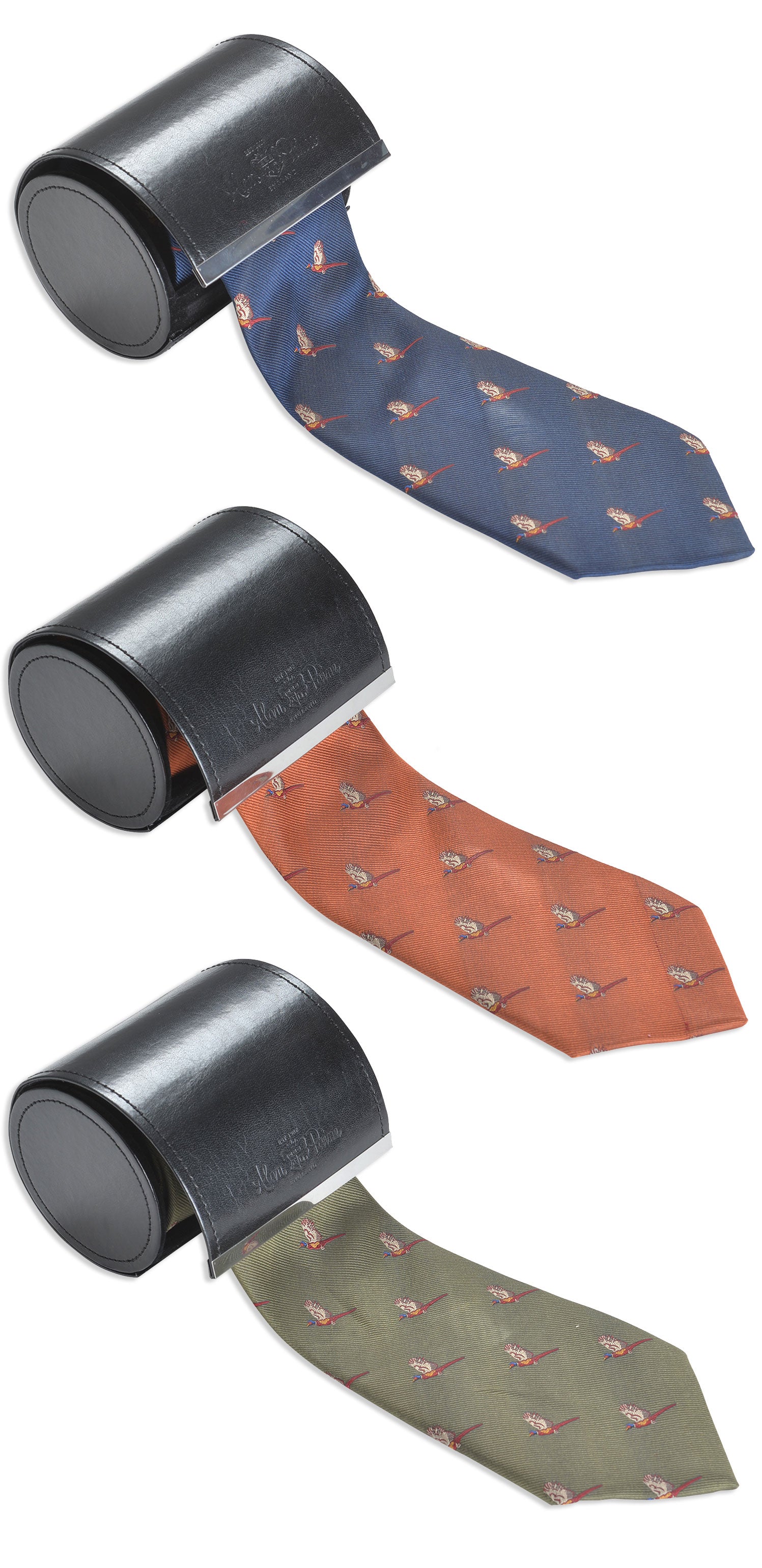 Pheasants in full flight feature on this classic silk country tie in three distinguished colours.