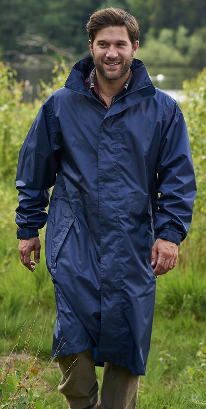 Man wearing knee length Storm Long Waterproof Coat 
