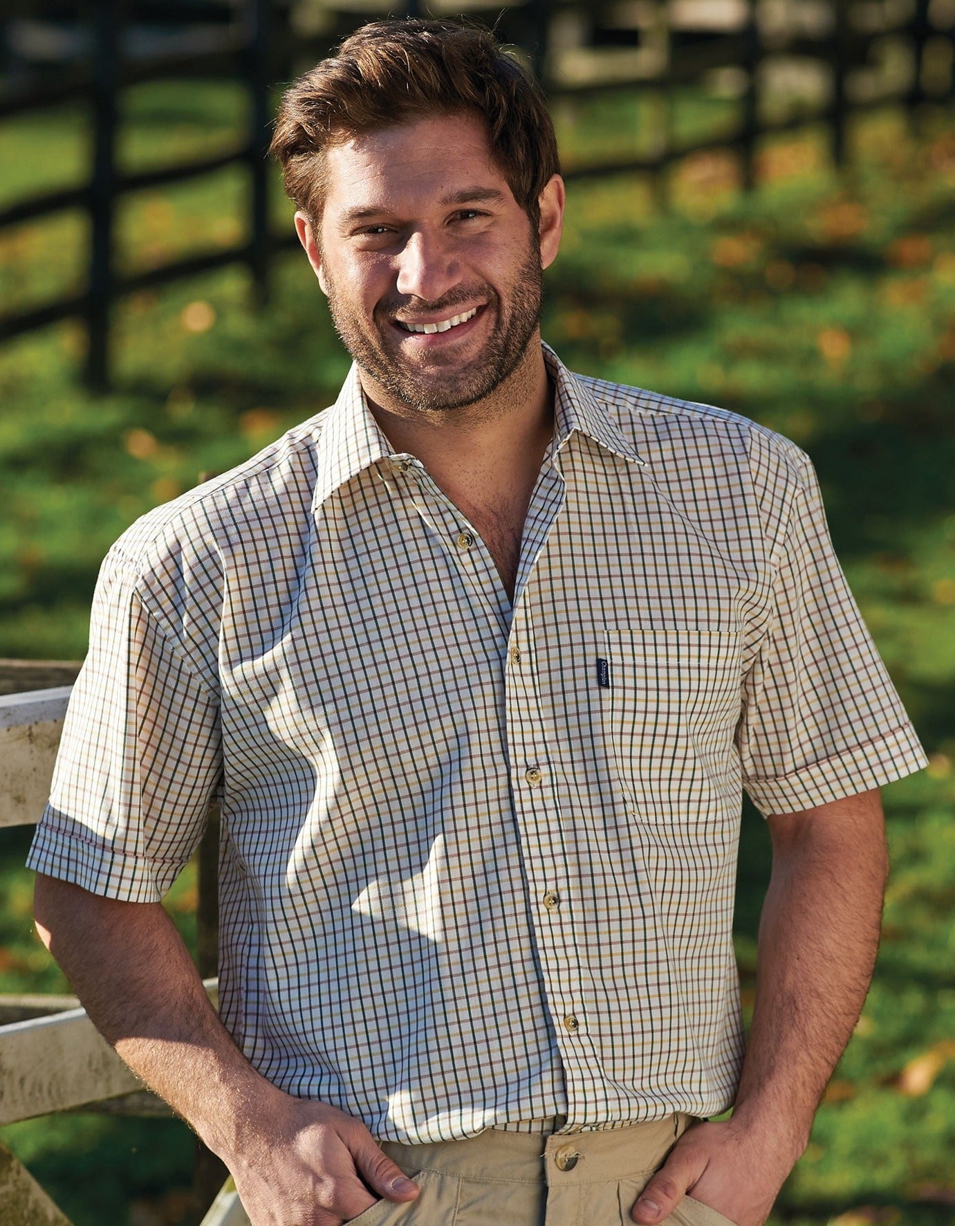 man wearing Champion summer Tattersall, the classic country tattersall check shirt with short sleeves, ideal for summer 