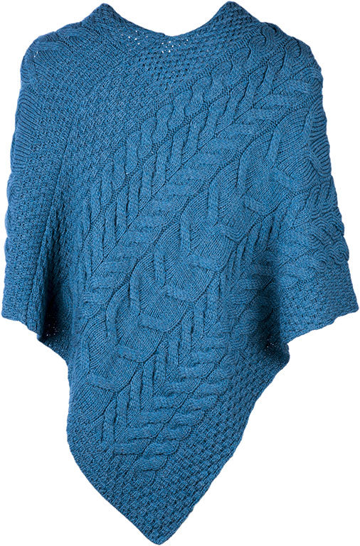 Aran Merino Wool Knit Poncho Teal 