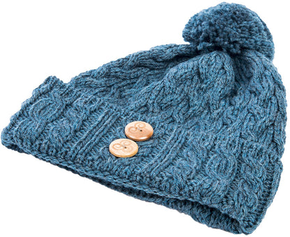 Teal Aran Chunky Knit Button Bobble Hat 
