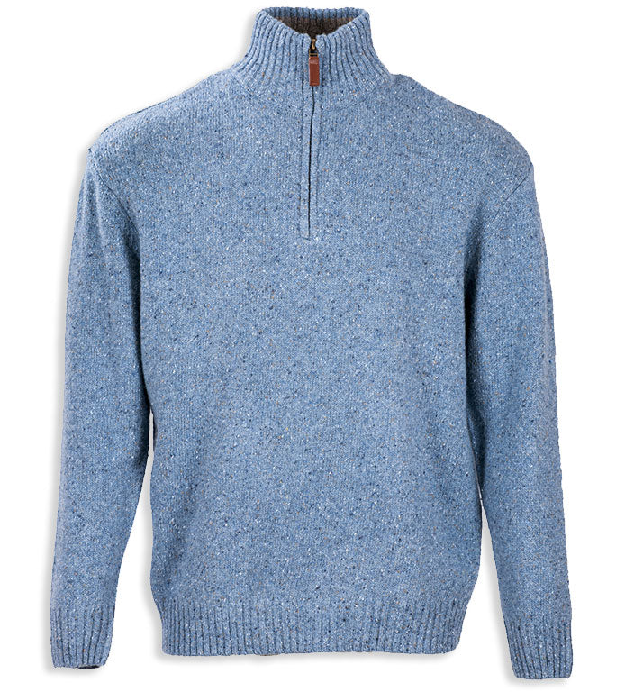 Pale Blue Aran Wool Zip Neck Sweater  