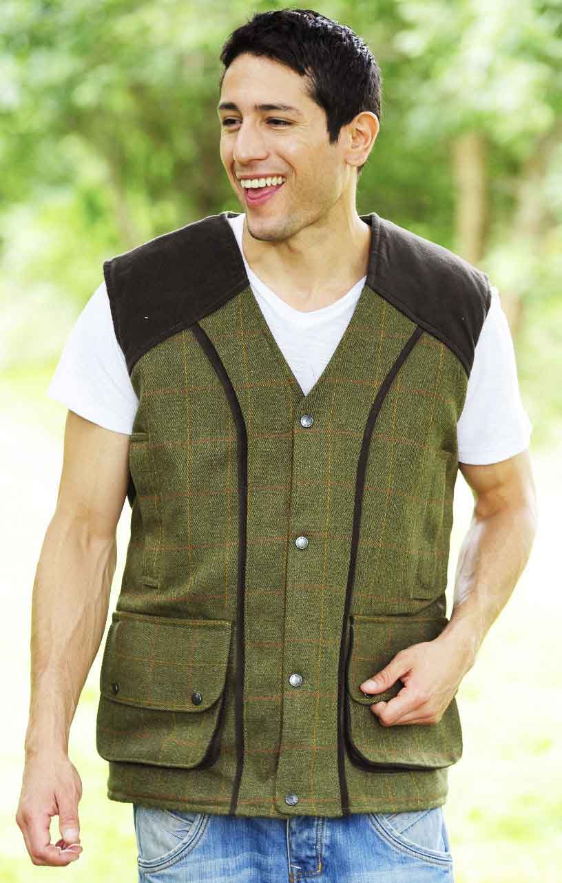 Dark Tweed With Check Bronte Derby Tweed Field Waistcoat on tree background 