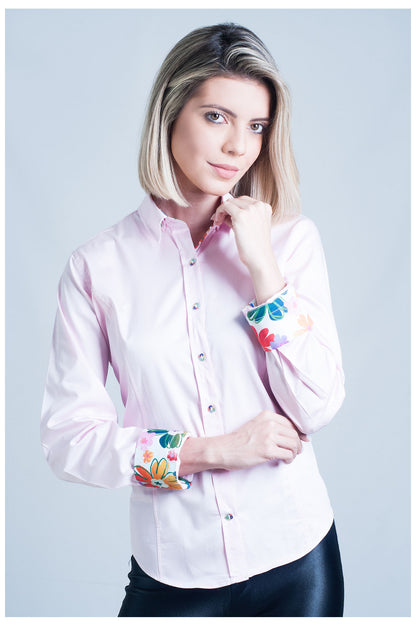 Ladies Pink Cotton shirt with colourful flower cuff detail